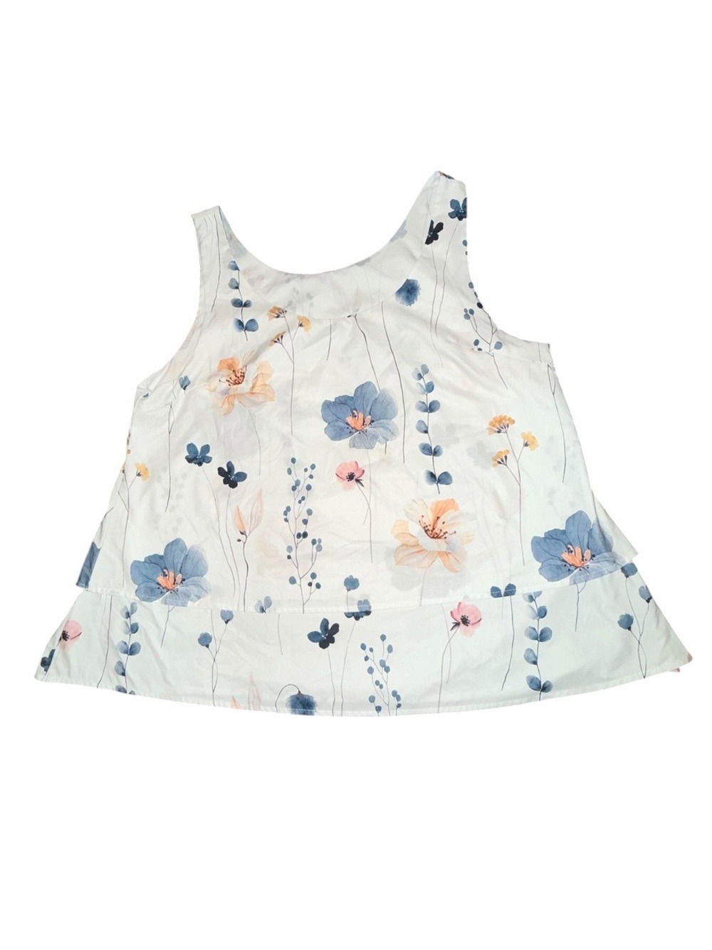 Girls' Floral Tank Top - White with Blue & Peach Flowers (008)